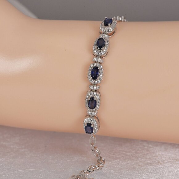 Halo Oval Natural Blue Sapphire Bracelet 925 Sterling Silver - Picture 1 of 2